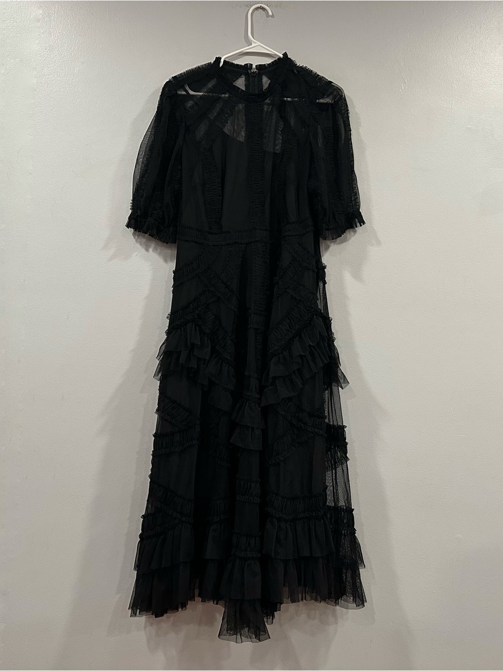 Mac Duggal 8058 Black High Neck Ruffle Tiered A-Line Midi Dress Sz 12